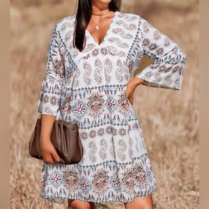 Paisley boho flared sleeve mini dress vneck fully lined cream brown SMALL NWT